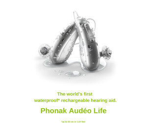 Audeo Life Ad with tagline "The worlds first waterproof* rechargeable hearing aid" *up to 50cm or 1.64 feet